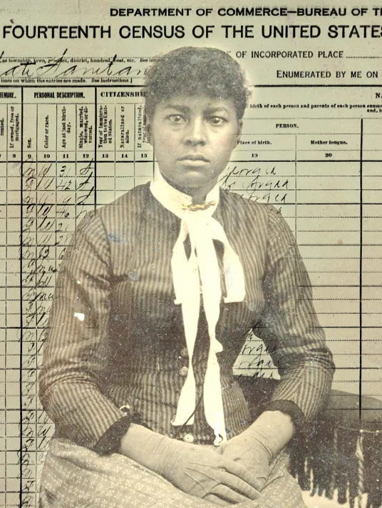 Old photograph of a seated woman in front of a census record